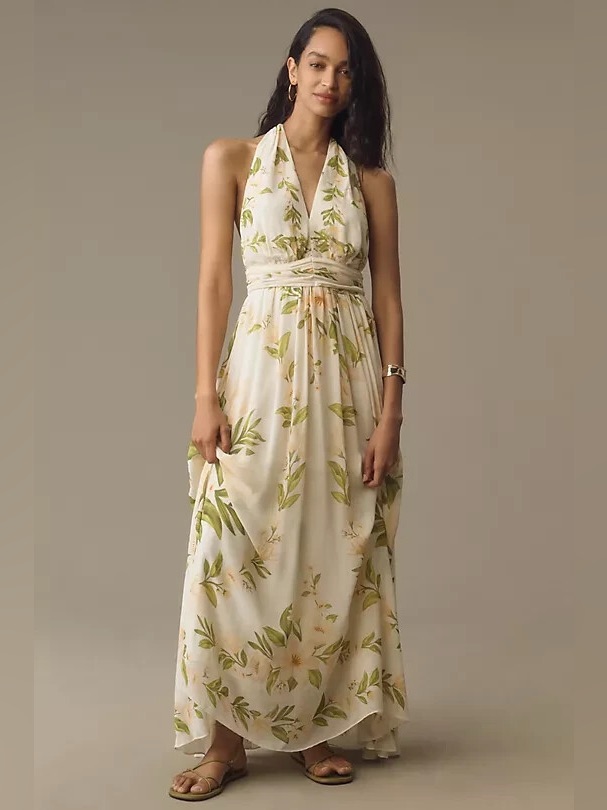 Farm Rio X Anthropologie, V-Neck Floral Chiffon Halter Maxi Dress